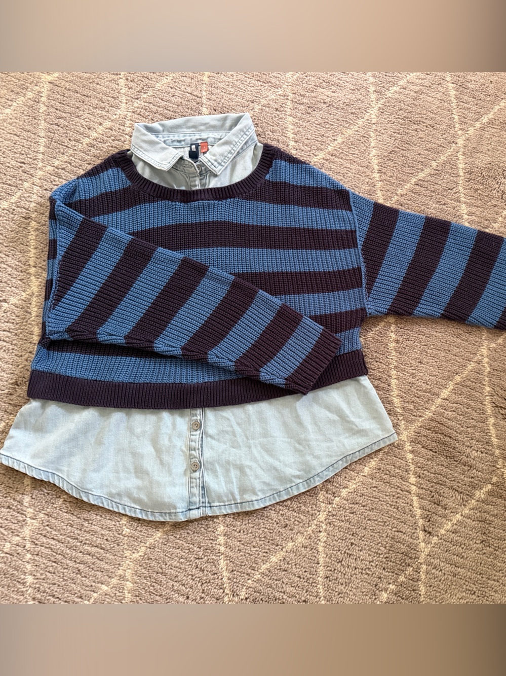 Pilcro Navy & Light Blue Striped Sweater with Attached Shirt